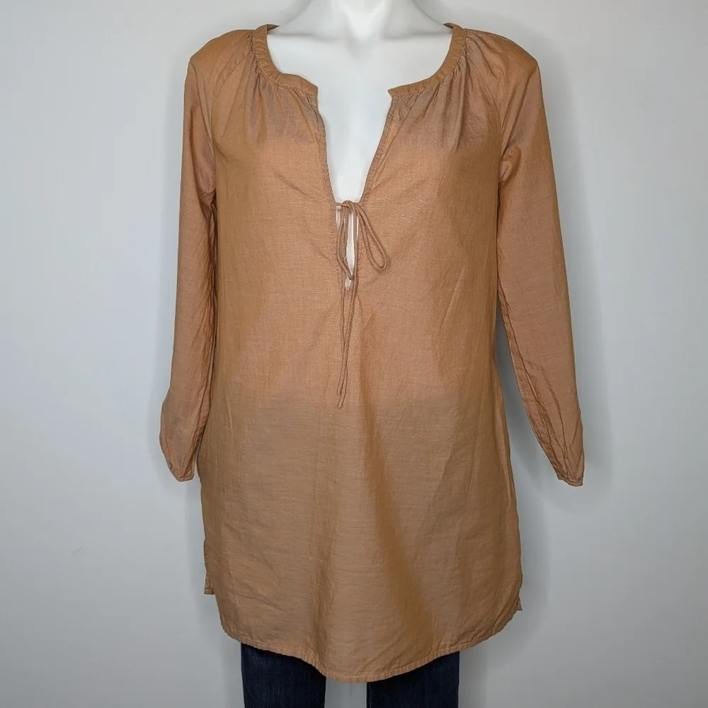 J Crew tan sheer long sleeve 100% cotton tie neck blouse XS